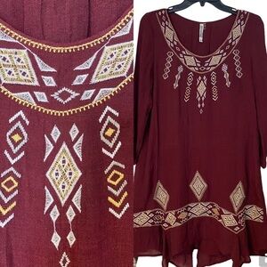 Monoreno Tunic Dress Boho Top Burgundy Non Iron  M